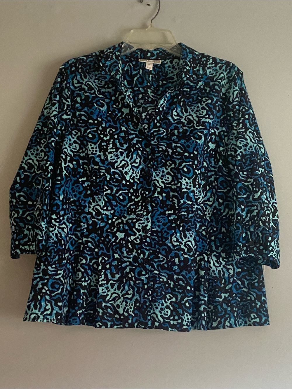 Dana Buchman Teal and Navy Abstract Print Button-Front Tunic 3/4 Sleeves Size XL